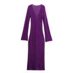Damen Maxikleid mit tiefem V-Ausschnitt und eleganten langen Ärmeln R&B