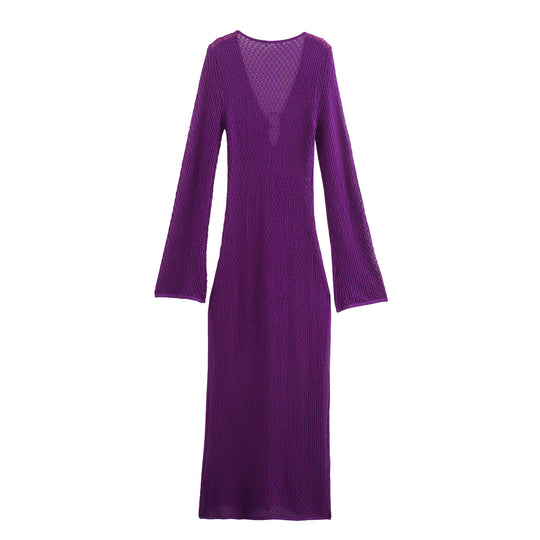 Damen Maxikleid mit tiefem V-Ausschnitt und eleganten langen Ärmeln R&B