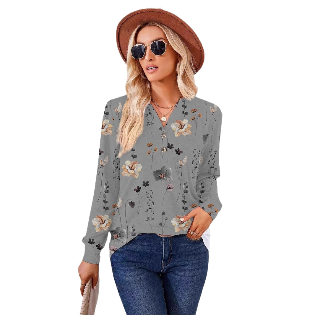 Damen Langarm-Bluse mit floralem Druck und Knopfleiste R&B
