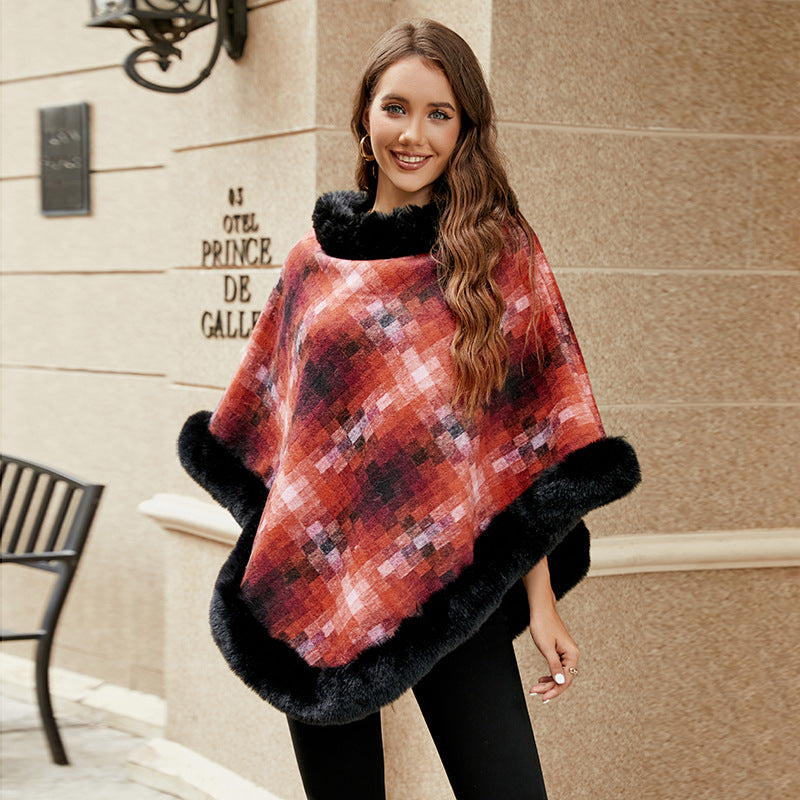 Damen modischer Poncho mit luxuriösem Kunstpelzkragen