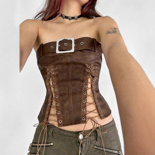 Damen Leder-Corsage mit Schnüroptik und dekorativem Gürtel R&B