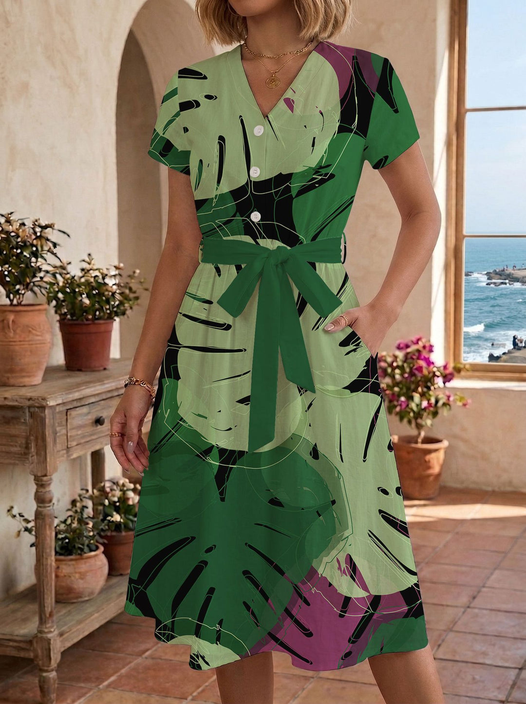 Damen lässiges Maxikleid mit taillierbarem Knoten und dekorativem Karomuster R&B