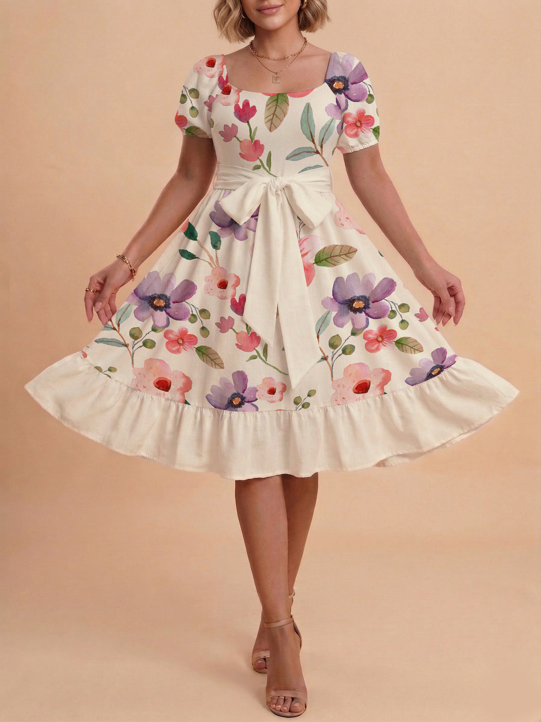 Damen elegantes Maxikleid mit floralem Design und Taillengürtel R&B