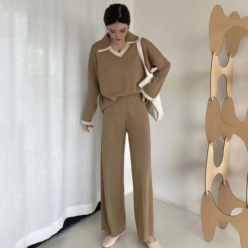 Damen elegantes und lässiges Strickensemble mit V-Ausschnitt und breitem Saum R&B