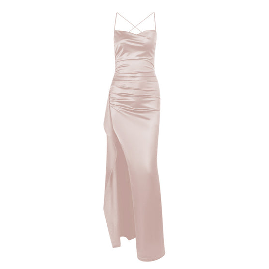 Damen elegantes Satin-Kleid mit tiefem Schlitz und verstellbaren Spaghetti-Trägern R&B