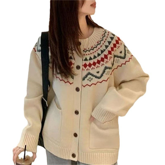 Damen Strickjacke im skandinavischen Stil mit dekorativem Muster und praktischen Taschen R&B