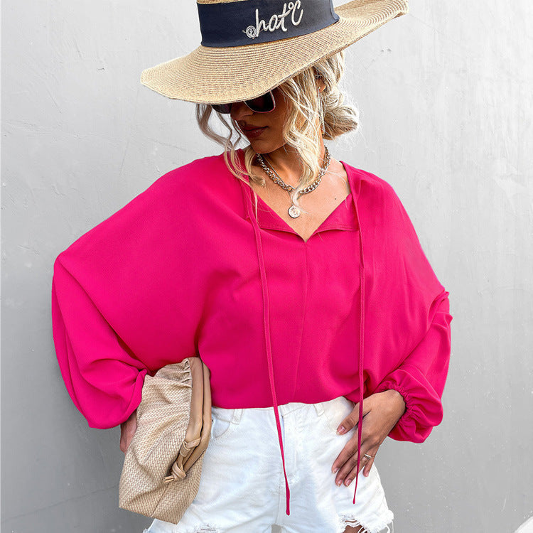 Damen luftiges Blusenshirt mit weiten Ärmeln und modischem Schleifendetail R&B
