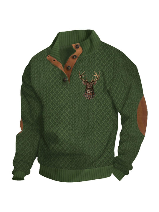 Herren nan Heritage-Strukturpullover mit Stehkragen Lederimitat-Besatz Ellenbogen-Patches und Halbknopfleiste R&B