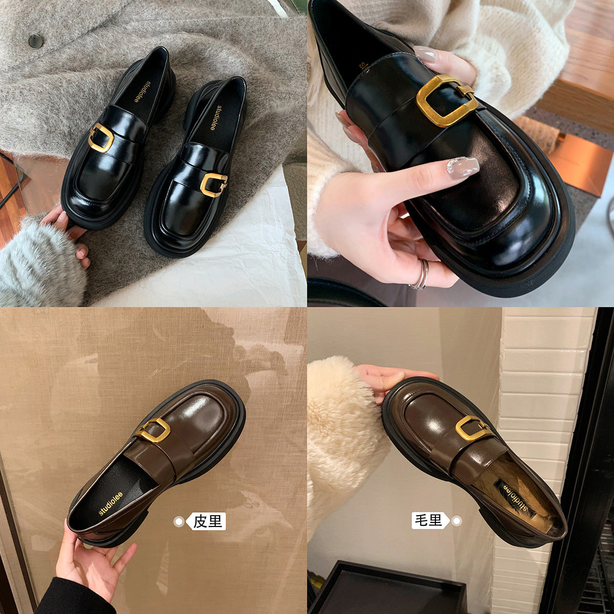 Damen Elegante Loafers mit stabiler Sohle und goldfarbener Schnallenakzent R&B
