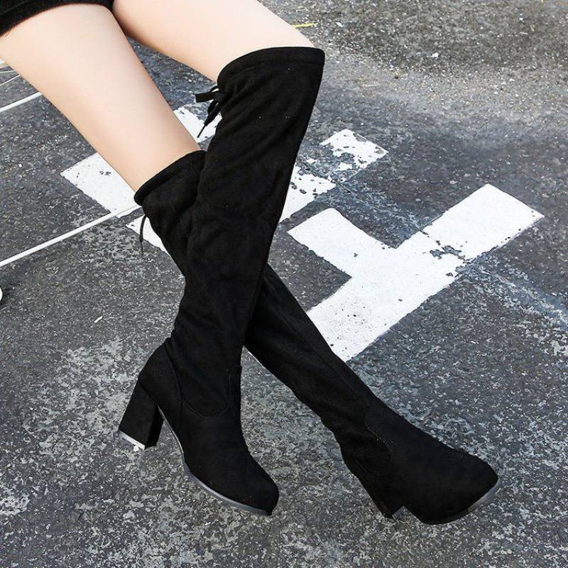Damen modische Overkneestiefel mit Blockabsatz und raffiniertem Schnürdetail R&B
