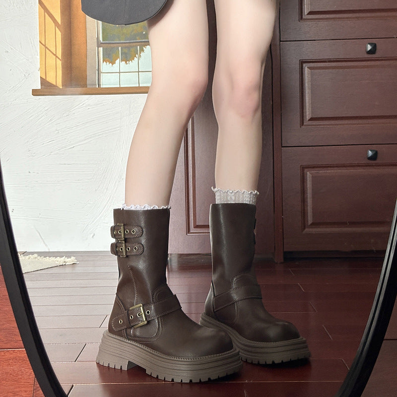 Damen Robuste Schnürstiefel mit dekorativen Schnallen und stabiler Sohle R&B