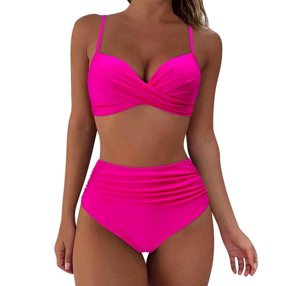 Damen Hochtailliertes Bikini-Set mit floralem Oberteil und gerafftem Höschen R&B
