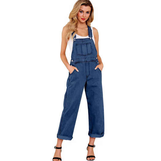 Damen lässige Denim-Latzhose mit praktischen Taschen und weiten Beinen R&B