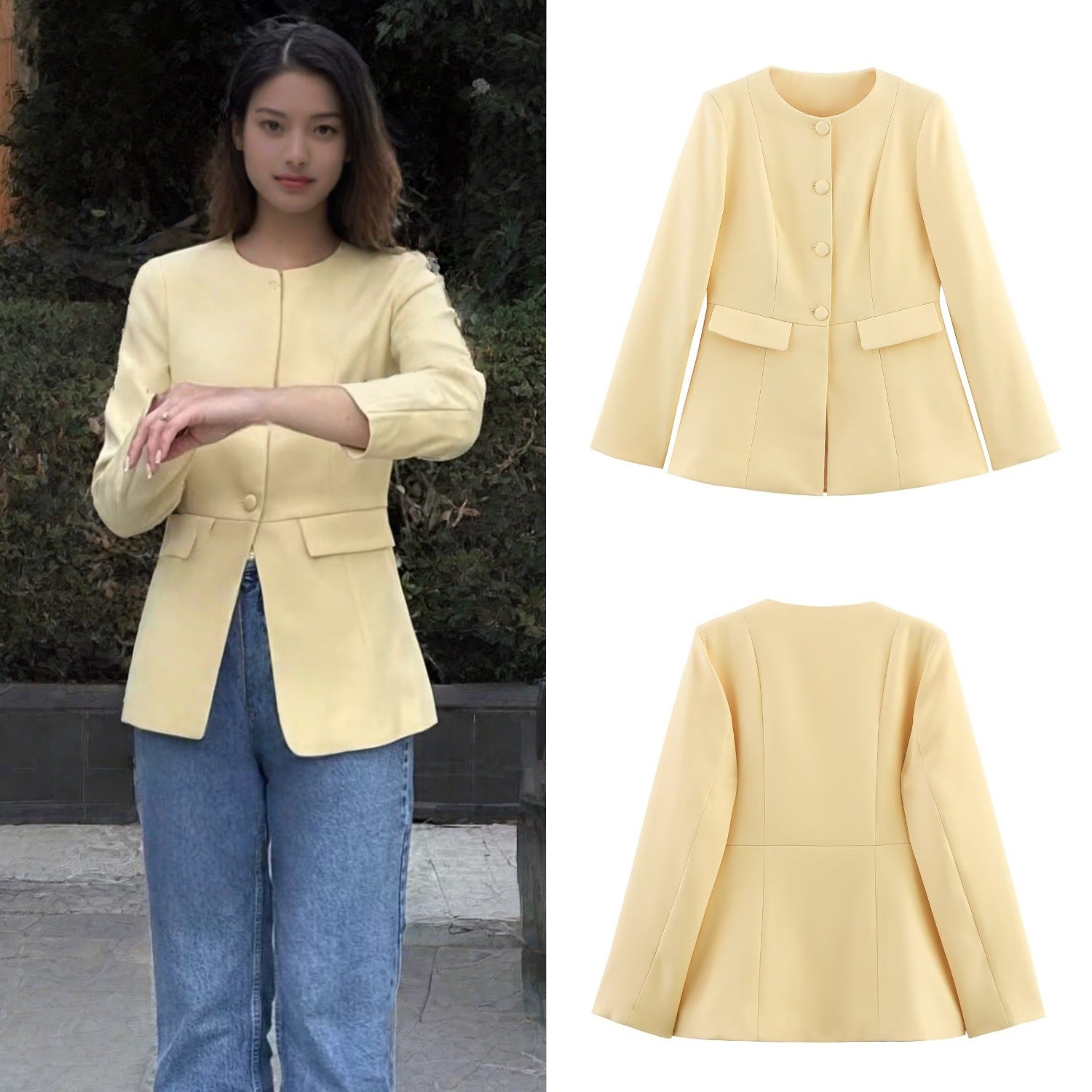 Damen elegante Blazerjacke mit dekorativen Knöpfen und Schnittführung R&B