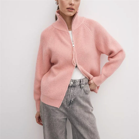 Damen Strickjacke mit hohem Kragen und Reißverschluss R&B