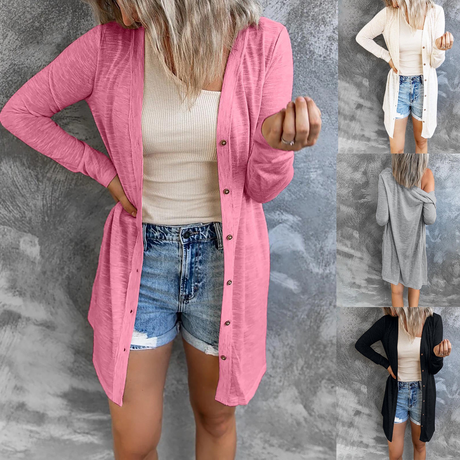 Damen Lange Strickjacke mit Knopfleiste und lässigem Schnitt R&B