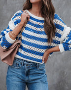 Damen luftiger Strickpullover mit großflächigem Lochmuster und Streifendesign