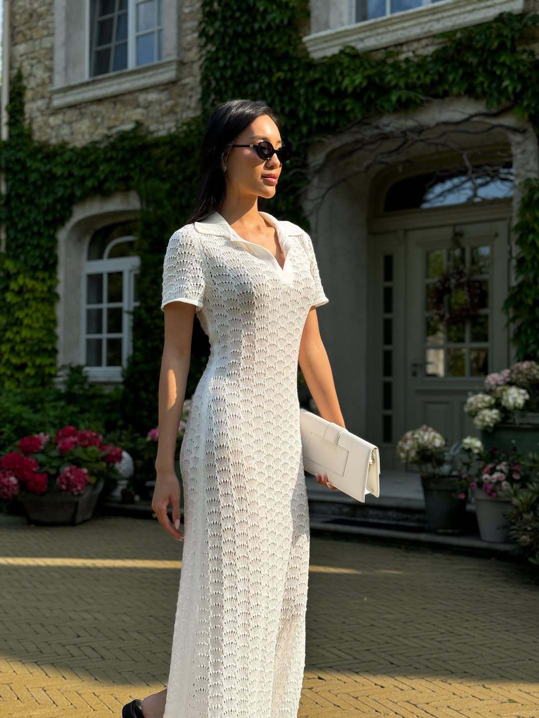 Damen Strickkleid mit raffiniertem Lochmuster und Polo-Kragen R&B