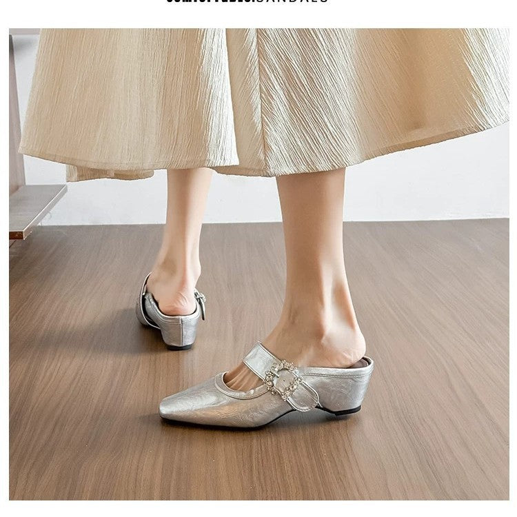 Damen elegante Mules mit funkelndem Riemen und komfortablem Blockabsatz