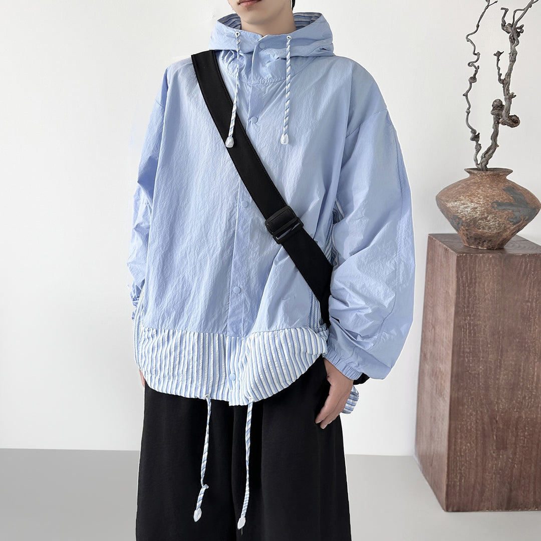 Damen nan leichte Kapuzenbluse-Jacke mit gestreiften Einsätzen, Tunnelzug und Druckknöpfen R&B
