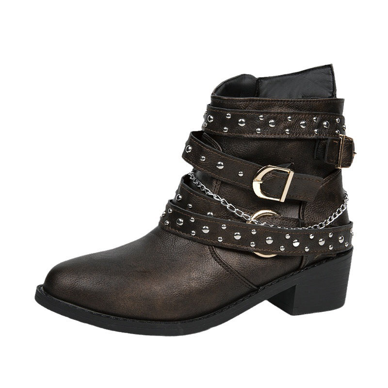 Damen modische Stiefeletten mit verzierten Riemen und Kettenelementen R&B
