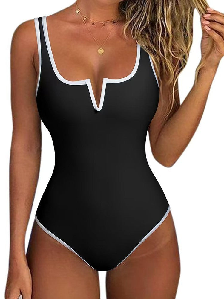 Damen Einteiler Badeanzug mit tiefem V-Ausschnitt und elegantem Kontrastbesatz R&B
