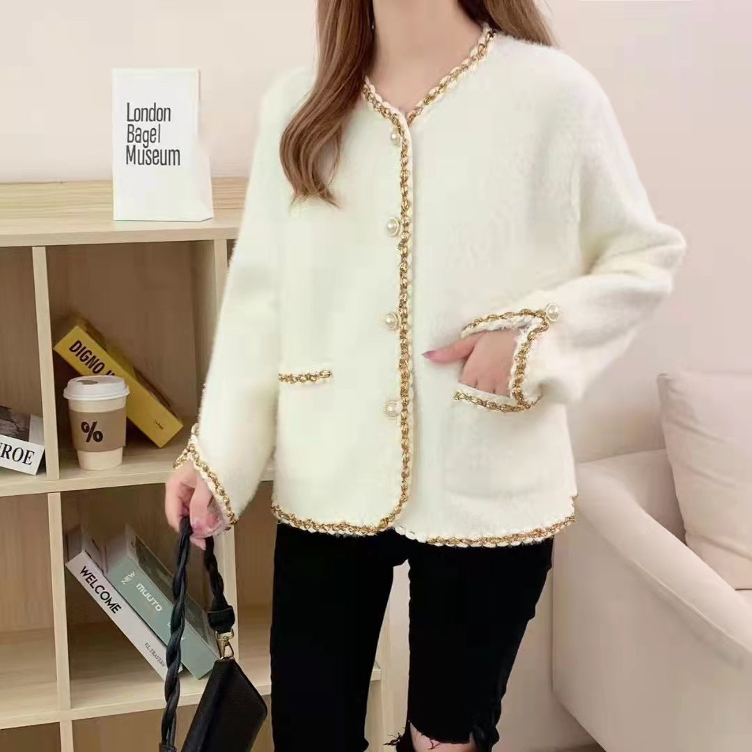 Damen Elegante Strickjacke mit dekorativen Perlenknöpfen und feiner Struktur R&B