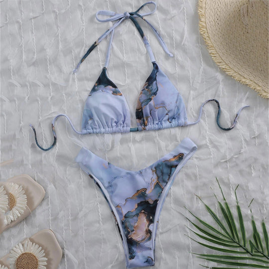 Damen Hoch geschnittenes Bikini-Set mit stylischem Marmor-Print R&B