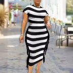 Damen modisches Maxi-Kleid mit Streifenmuster und Fransen R&B