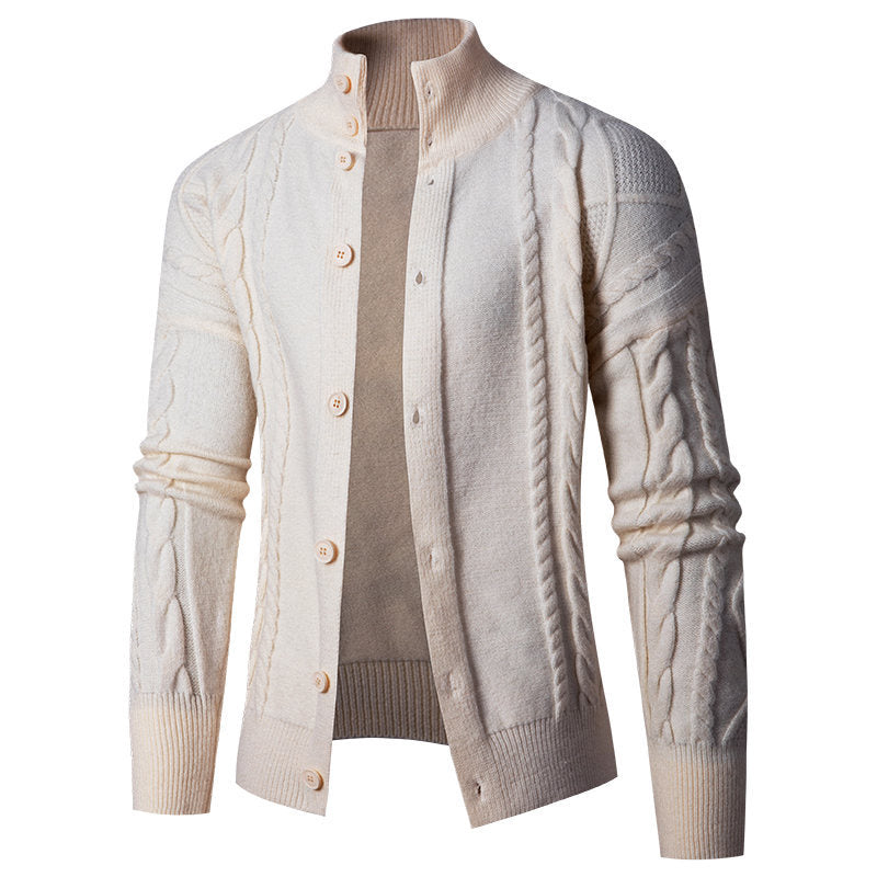 Herren Strickjacke mit klassischem Kabelmuster und hohem Stehkragen