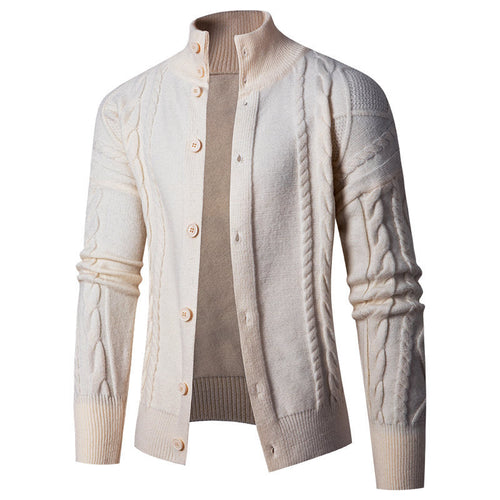 Herren Strickjacke mit klassischem Kabelmuster und hohem Stehkragen R&B