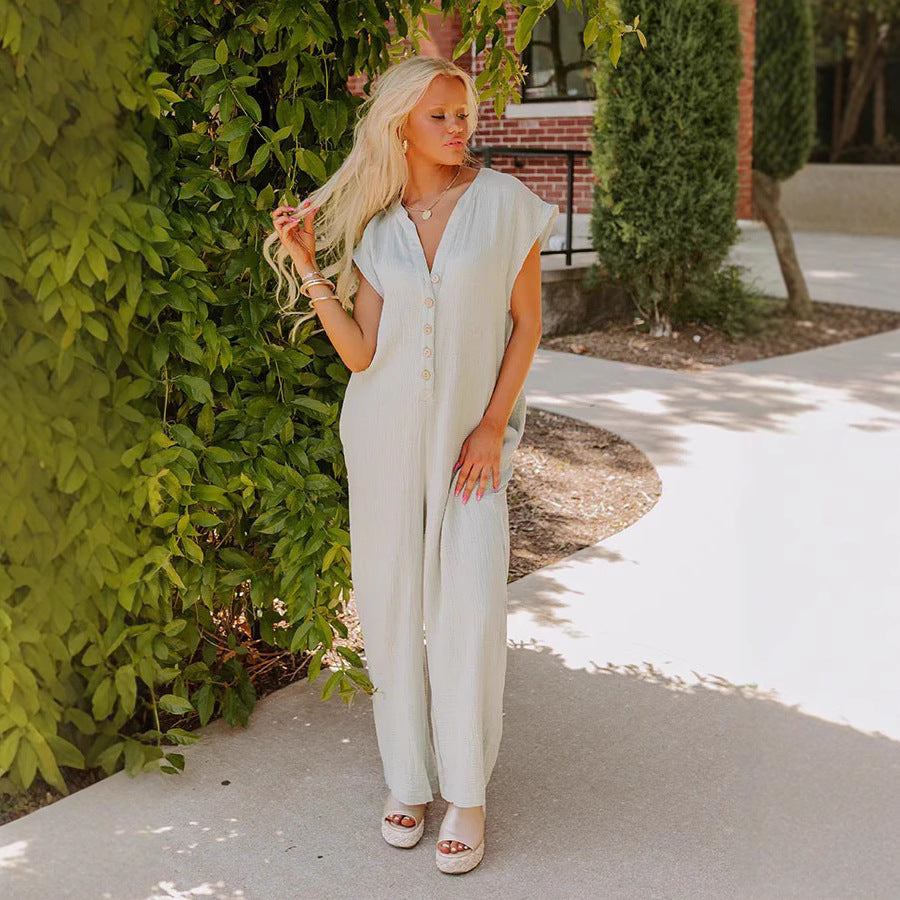 Damen Weitgeschnittener Jumpsuit mit Knopfleiste und Taschen R&B