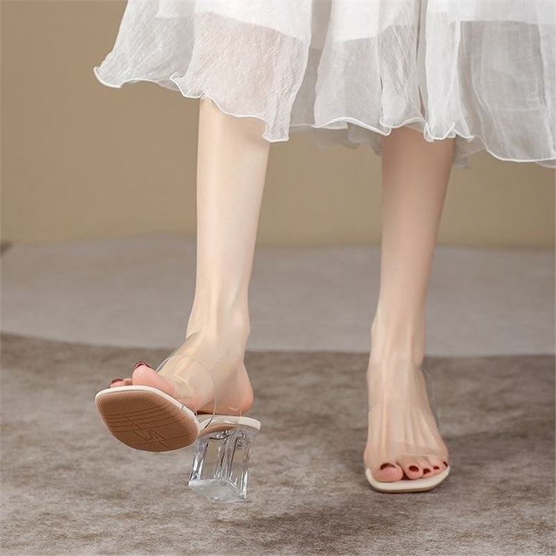 Damen Mules mit transparentem Riemendesign und glamourösem Blockabsatz R&B