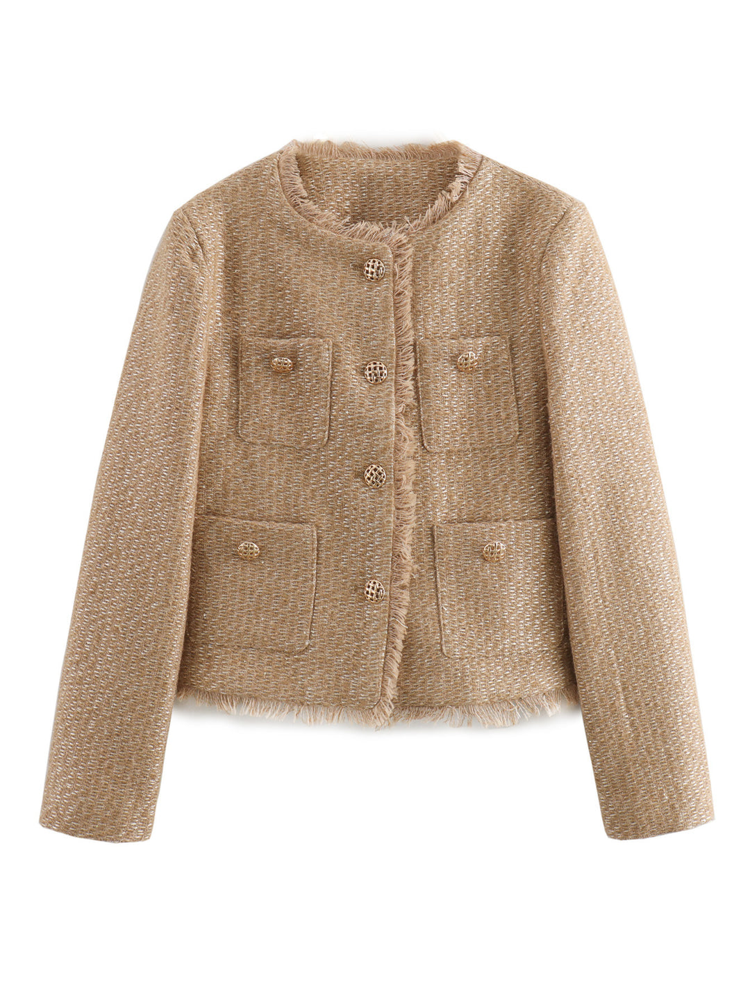 Damen elegante Tweed-Jacke mit Fransen und dekorativen Knöpfen R&B