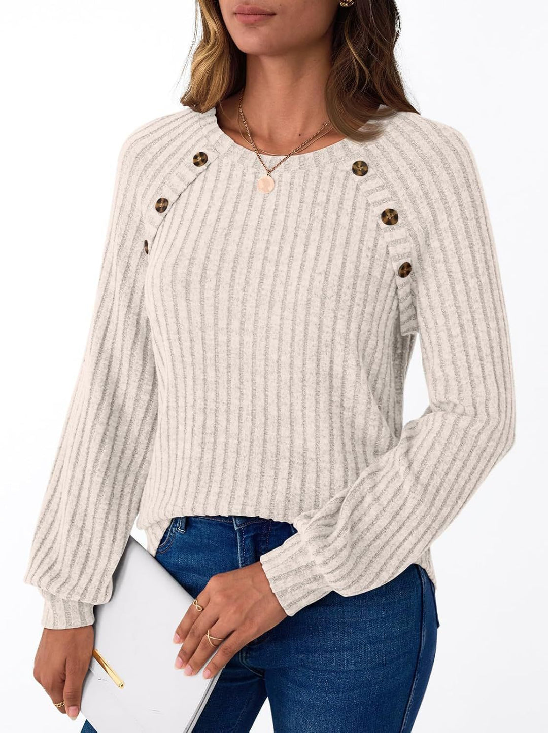 Damen Pullover mit dekorativen Knöpfen und strukturiertem Rippdesign R&B