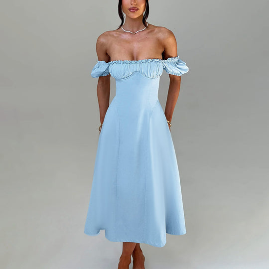 Damen Maxi-Kleid mit voluminösen Puffärmeln und elastischem Ausschnitt R&B