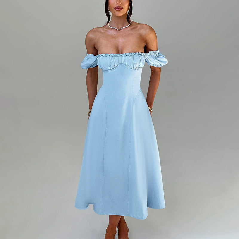 Damen Maxi-Kleid mit voluminösen Puffärmeln und elastischem Ausschnitt R&B