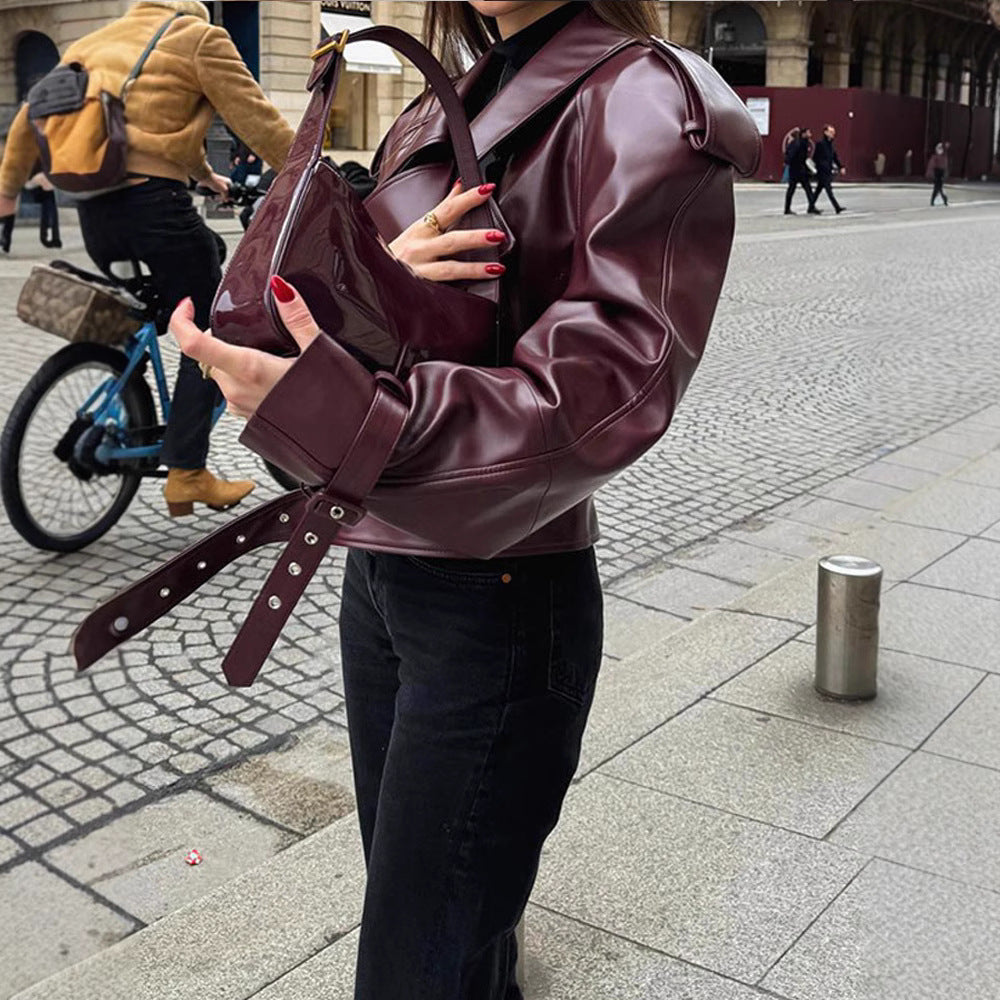 Damen Oversize Kunstlederjacke mit markantem Kragen und strukturiertem Design R&B