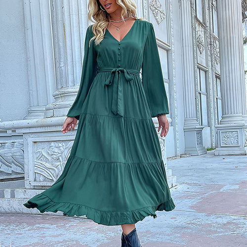 Damen Maxikleid mit Knopfleiste, Taillengürtel und Rüschensaum R&B