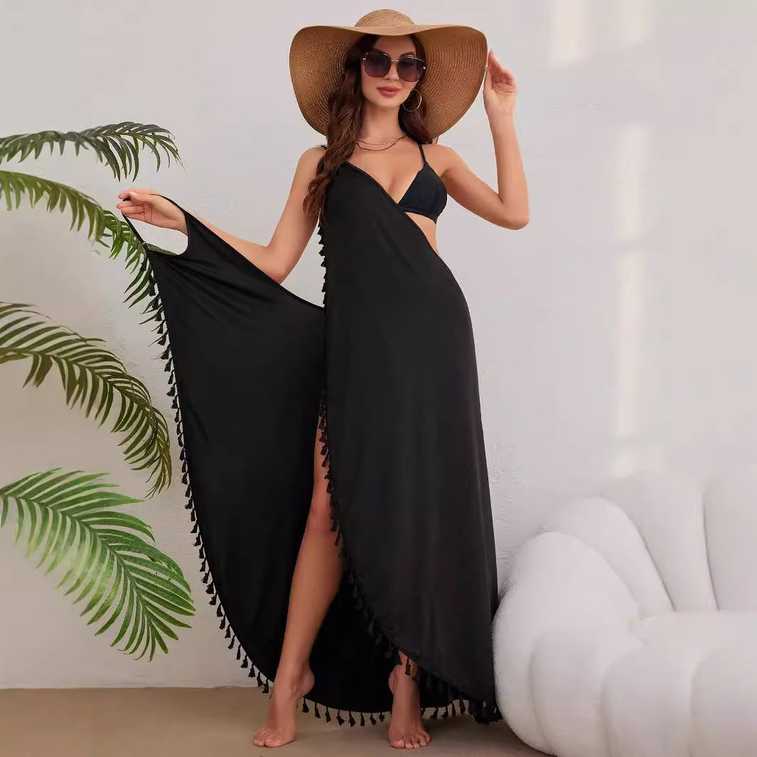 Damen Elegantes Maxikleid mit verspielten Quasten und hohem Beinschlitz R&B
