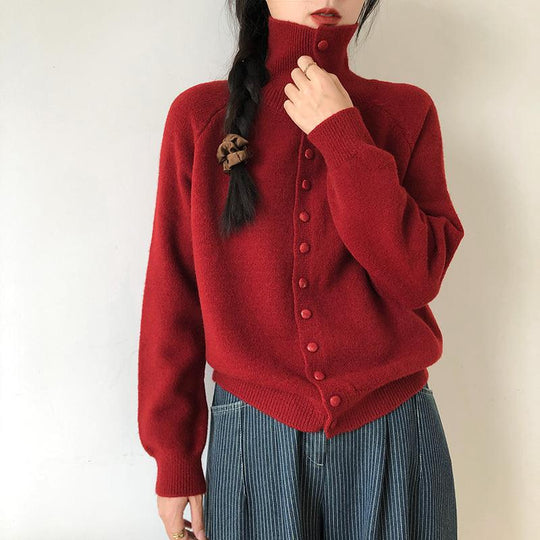 Damen Hochwertiger Strickcardigan mit Stehkragen und Knopfdetails R&B
