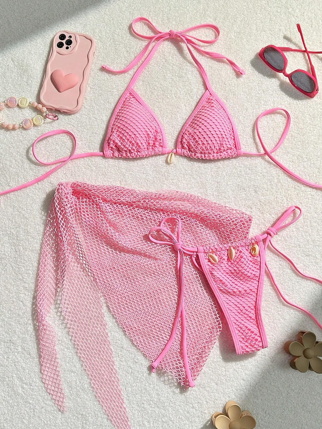 Damen Triangel-Bikini mit transparentem Netzgewebe und Schnürdetails R&B