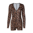 Damen stylischer Leopardenmuster Bodysuit mit V-Ausschnitt und langen Ärmeln R&B