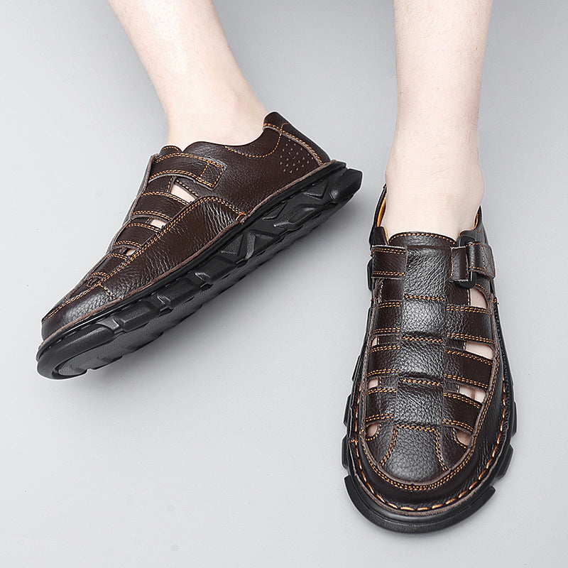 Herren offene Leder-Sandalen mit praktischem Klettverschluss und rutschfester Sohle R&B