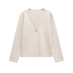Damen schicke Strickjacke mit elegantem V-Ausschnitt und dekorativem Knopf R&B