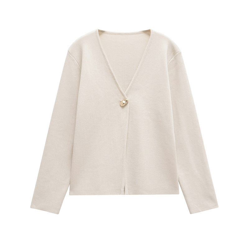 Damen schicke Strickjacke mit elegantem V-Ausschnitt und dekorativem Knopf R&B