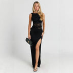 Damen Maxikleid mit raffiniertem Spitzeneinsatz und hohem Schlitz R&B