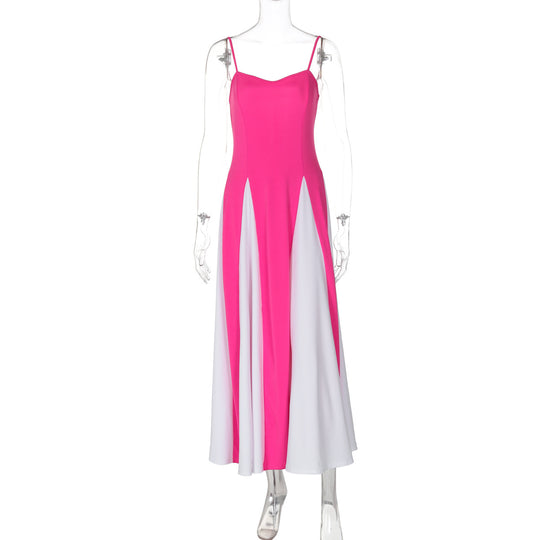 Damen Elegantes Maxikleid mit diagonalen Farbakzenten und schmalen Spaghettiträgern R&B