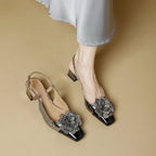 Damen Slingback-Pumps mit glitzernder Blumenapplikation und stylischem Blockabsatz