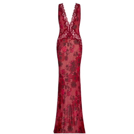 Damen nan figurbetontes Abendkleid im Meerjungfrauen-Schnitt mit tiefem V-Ausschnitt und floralem Spitzenbesatz R&B